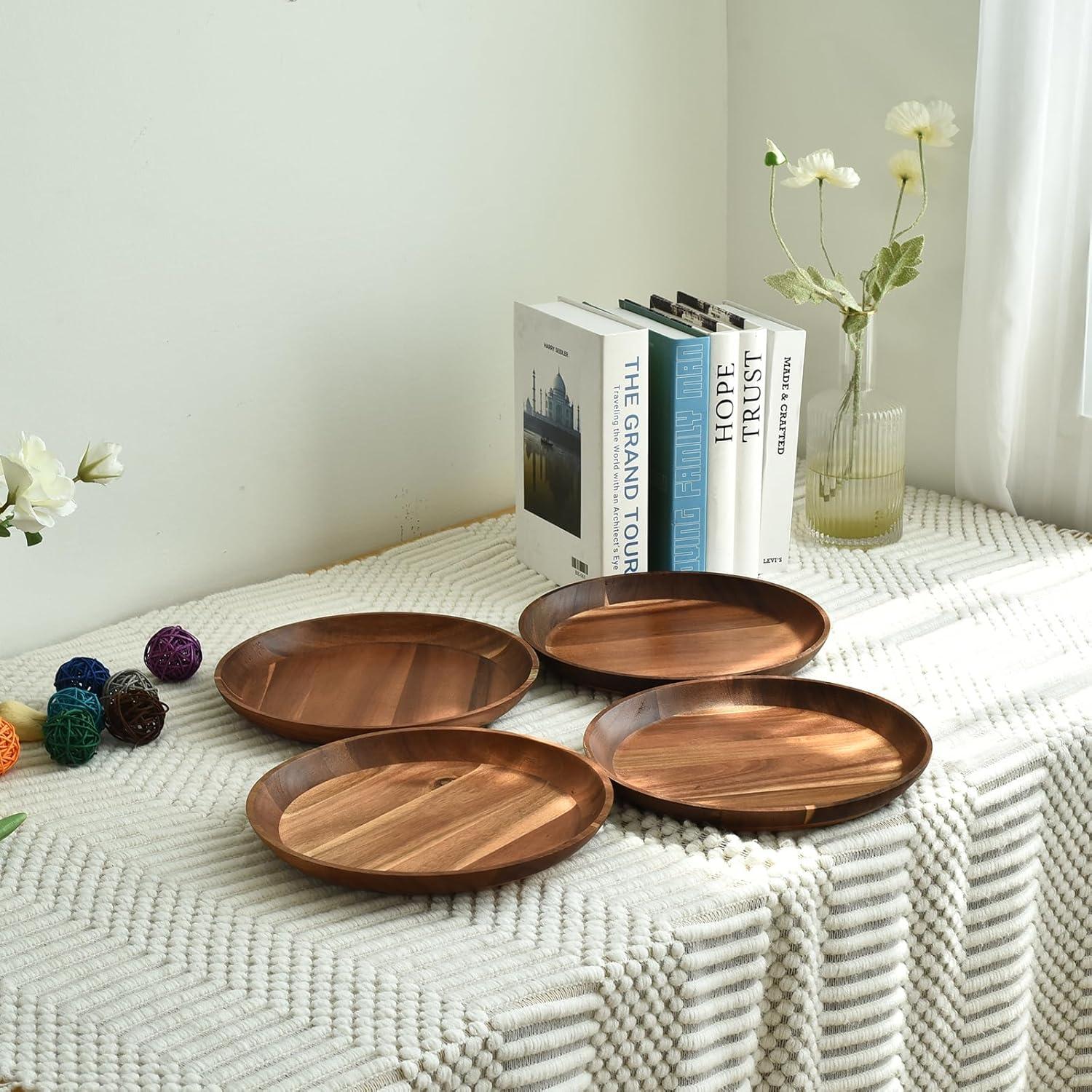 11 in Acacia Wooden Dinner Plate Set (Set of 4)