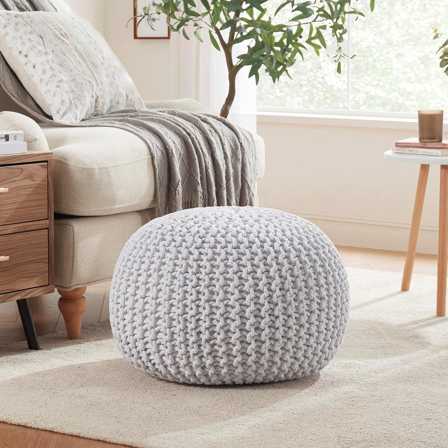Ornavo Home Cotton Classic Braid Pouf Ottoman - 15" x 18.5" - White