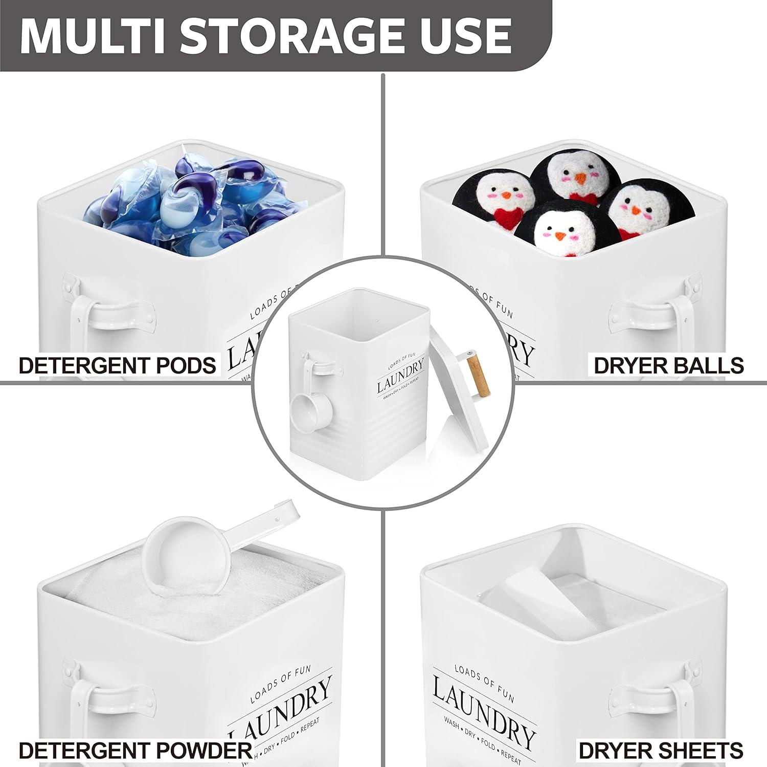 Calindiana Modern Farmhouse Metal Laundry Soap Dispenser with Scoop for Decor and Space Saving Organization, White