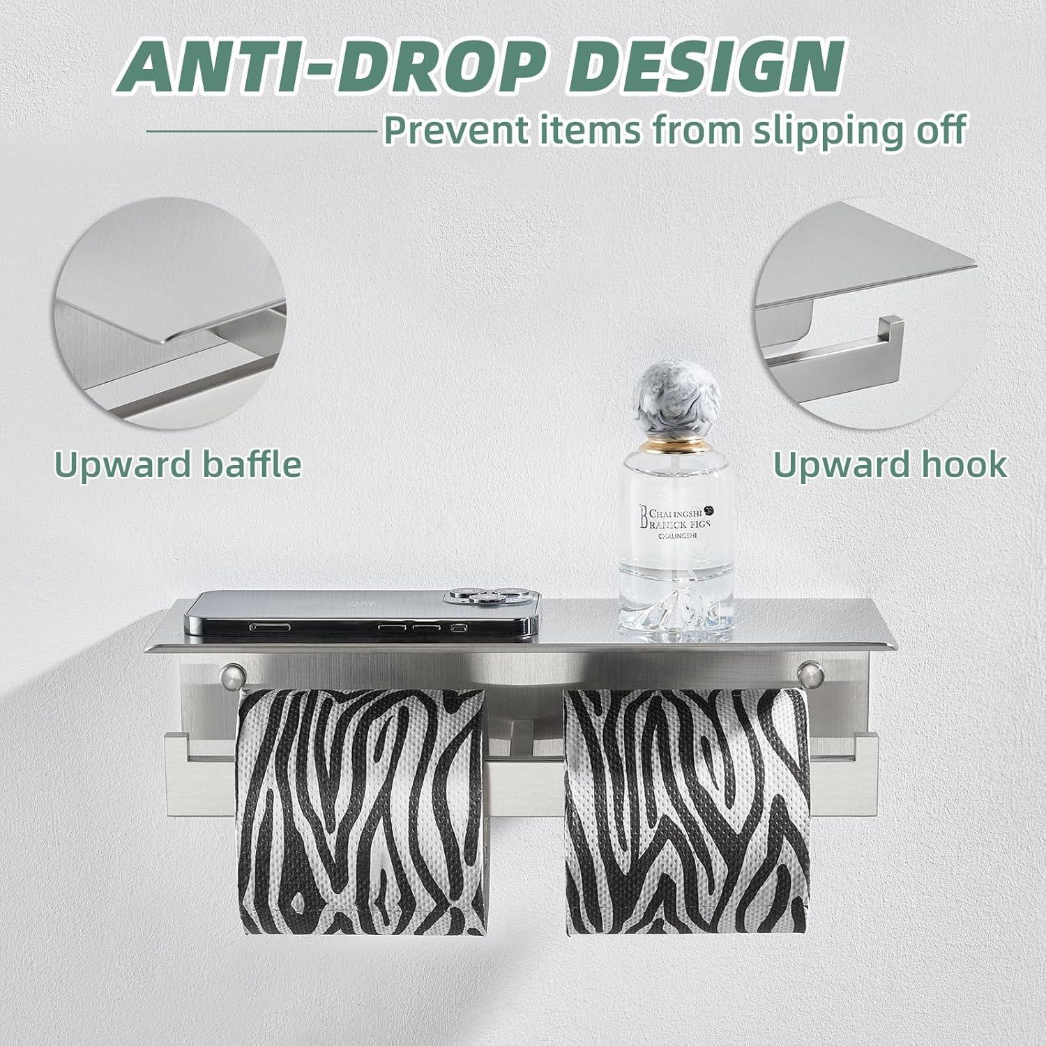 Double Toilet Paper Holder with Shelf Brushed Nickel, Modern Bathroom Accessories SUS 304 Stainless Steel Commercial Tissue Roll Dispenser Mobile Phone Storage Rack Handy Use