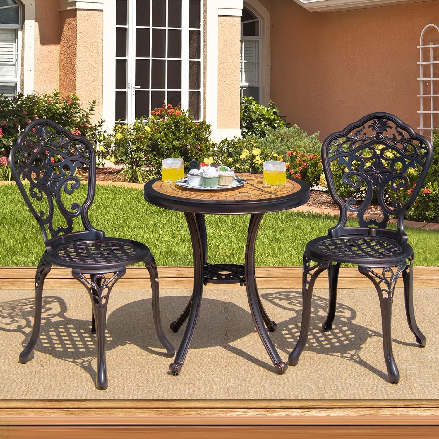 3PCS Patio Bistro Set Round Table Chairs All Weather Cast Aluminum
