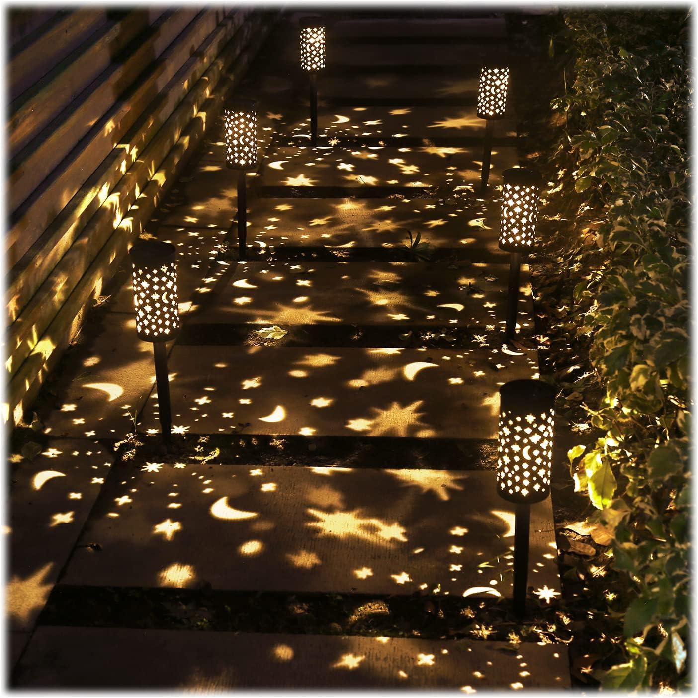 6 Pack Solar LED Black Garden Pathway Lights with Star Moon Design