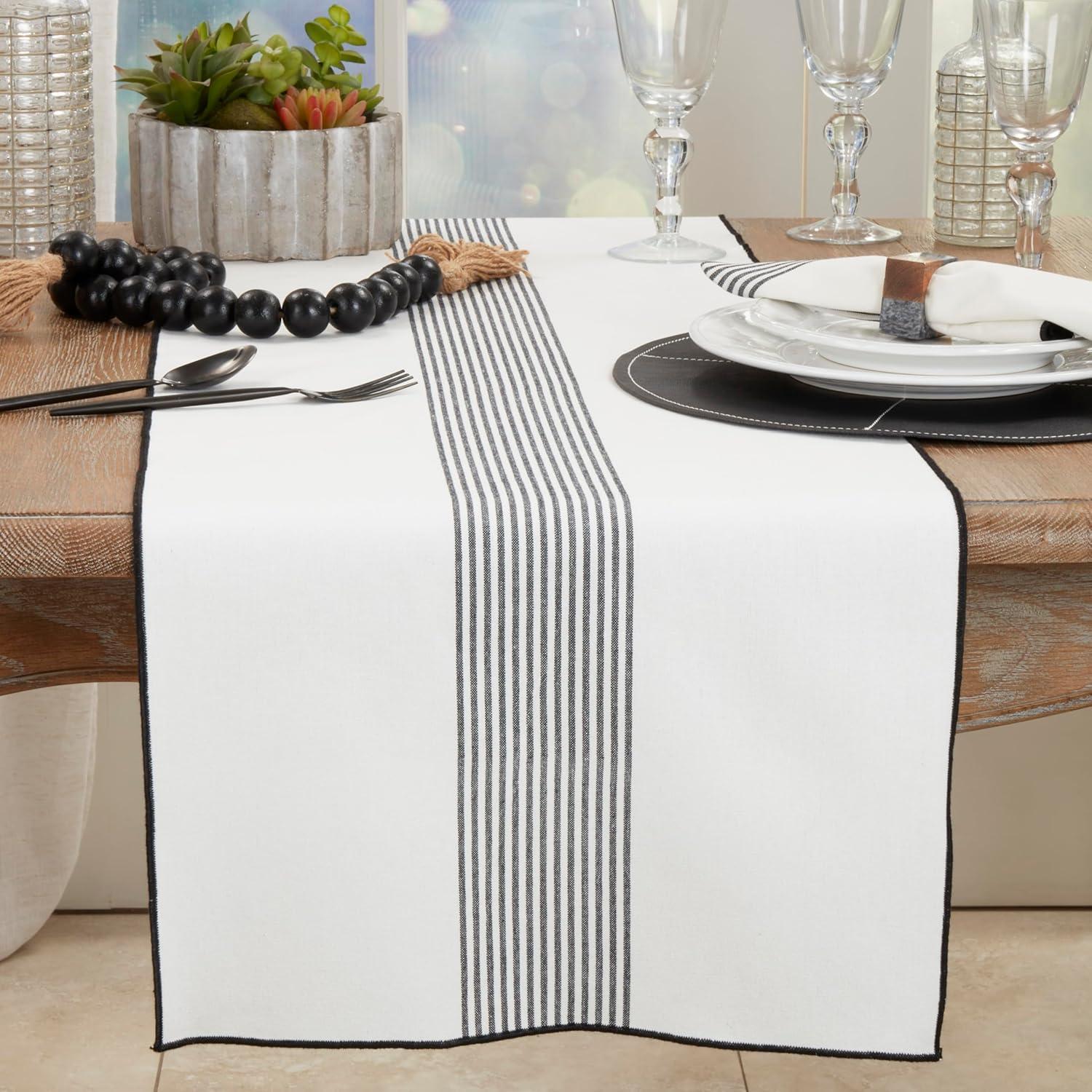 Rustic White Cotton Striped Table Runner with Black Trim, 16"x72"