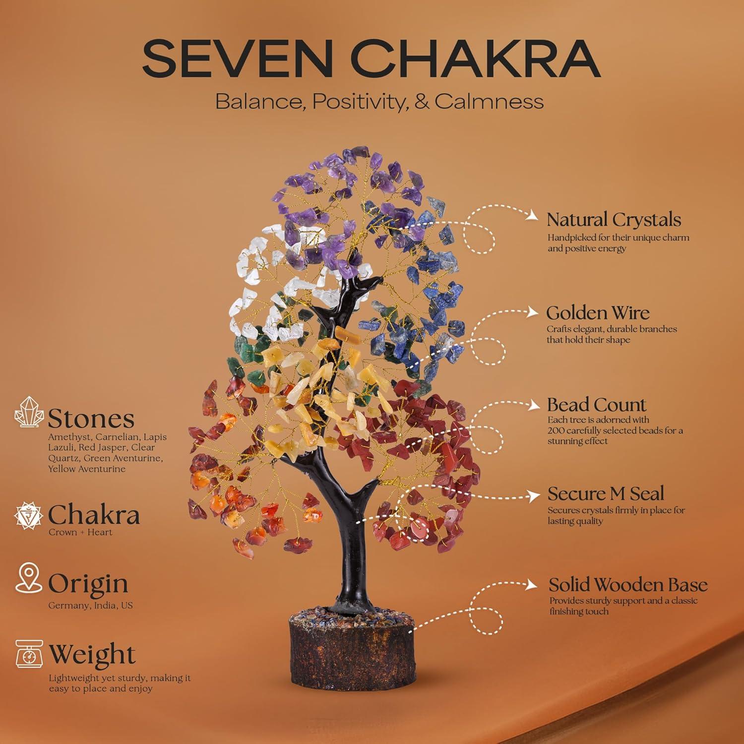 Seven Chakra Crystal Bonsai Tree with Golden Wire, 10-12 Inch