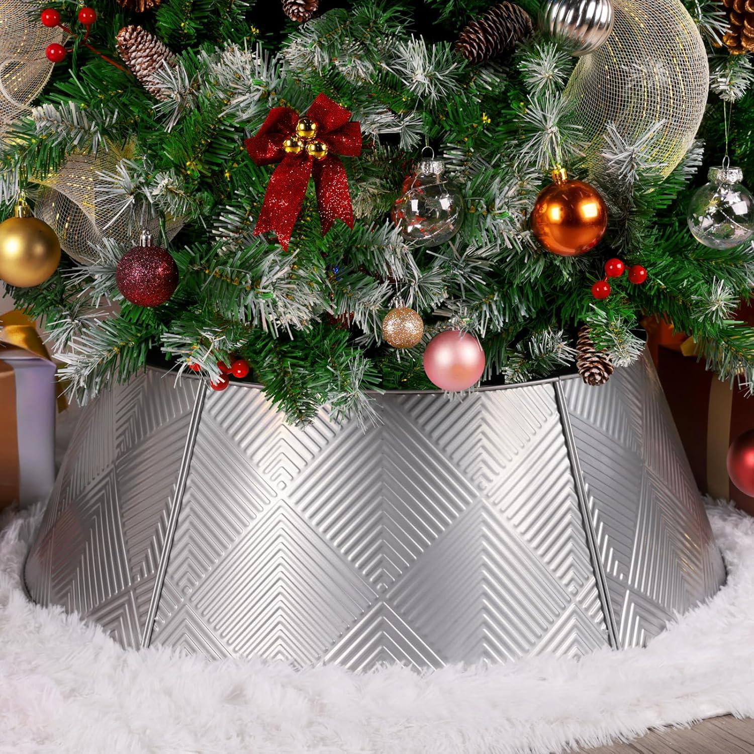 Nordic Hygge 28’’ Christmas Tree Collar, Gold Tree Skirt for Christmas Tree Decor, Christmas Tree Base Cover with Printed Patterns, Metal Tree Collar for Pencil Tree of Living Room