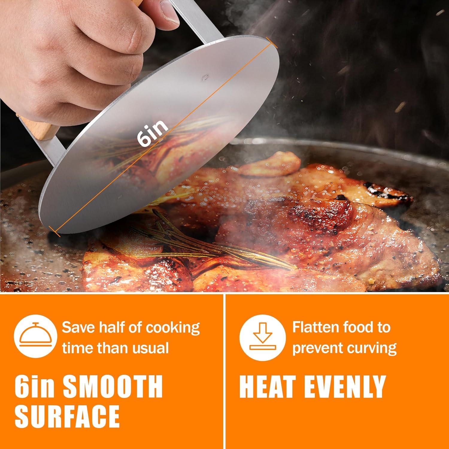 Stainless Steel Burger Press, 6 inch Round Burger Smasher Round Hamburger Press with Wood Handle, Grill Press Meat Flattener Tool for Flat Top Griddle Grill Cooking
