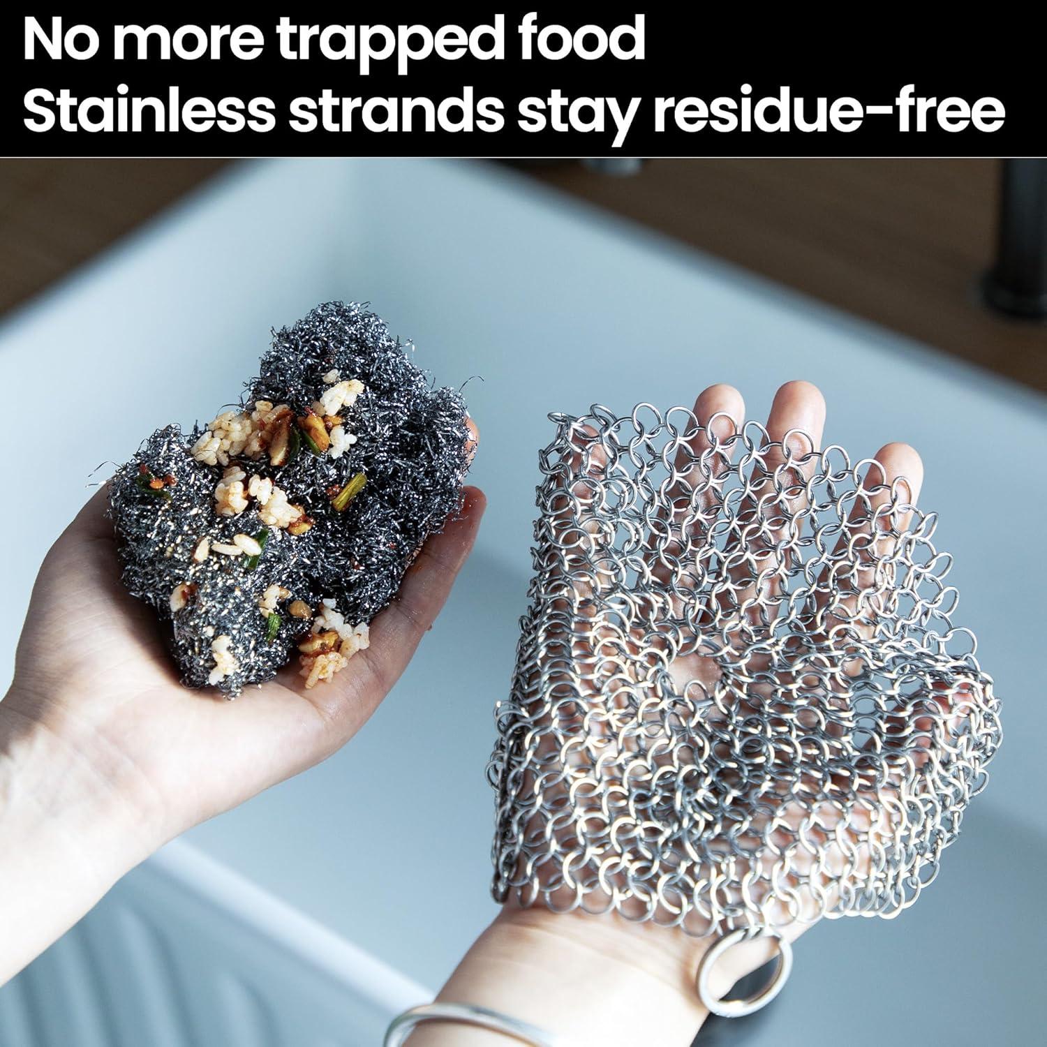 Cast Iron Scrubber 316 Stainless Steel Skillet Cleaner 8"x6" Chainmail Scrubber Scraper Chain Mail Link Scrub for Cast Iron Pre-Seasoned Pans, Griddles, BBQ Grills, and Pot Cookware Cleaning