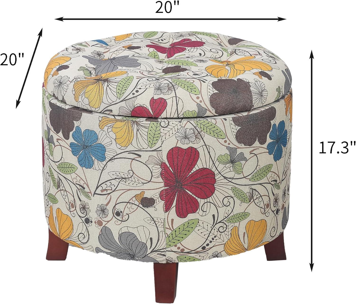 Floral Multicolor Tufted Round Storage Ottoman with Wooden Legs