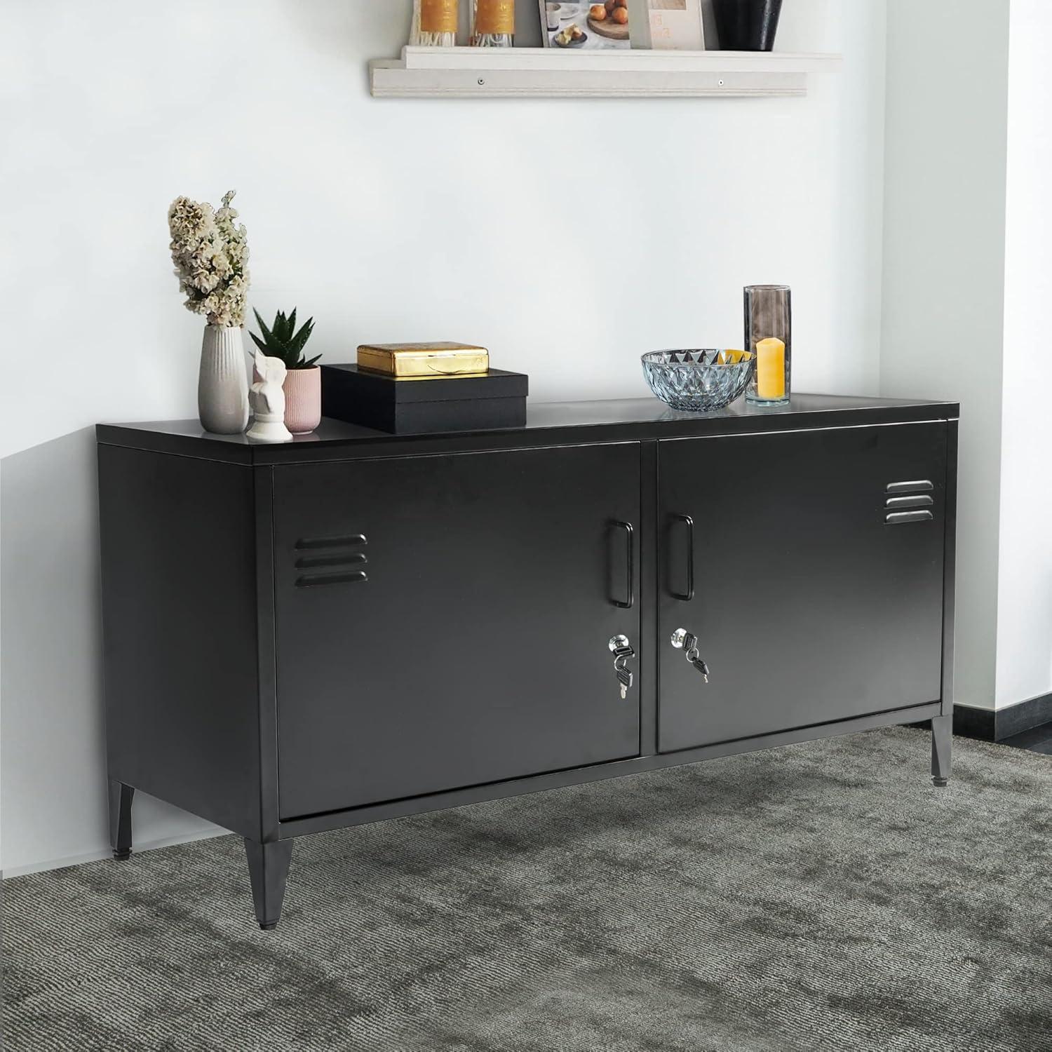 HOPUBUY Metal Storage Cabinet with Lock, Steel Locker Cabinet with Removable Shelves and 2 Locking Doors, Black Storage Cabinets for Home, Garage, Office, Bedroom