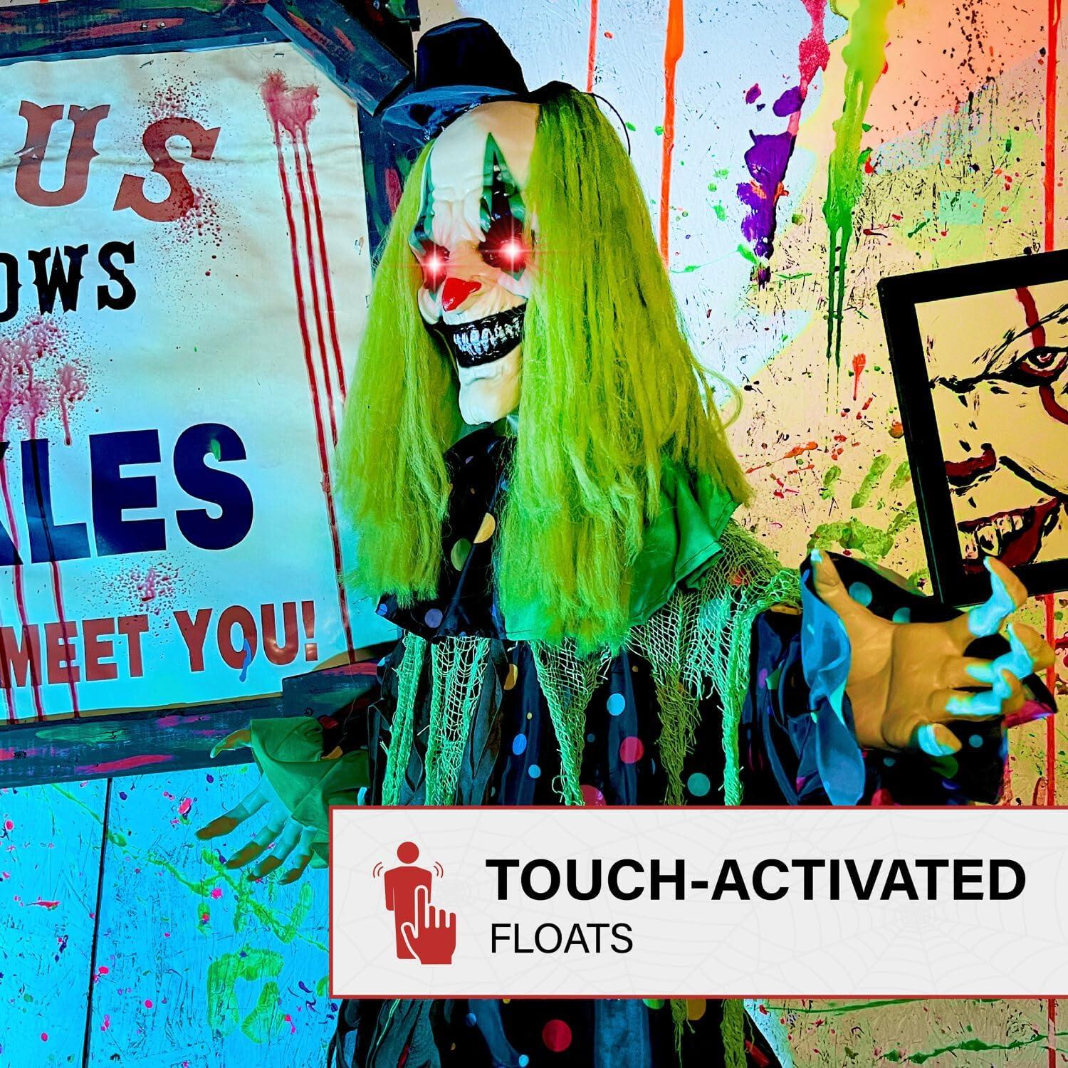 Haunted Hill Farm Lifesize Animatronic Clown with Lights and Sound, Indoor/Covered Outdoor Halloween Decoration