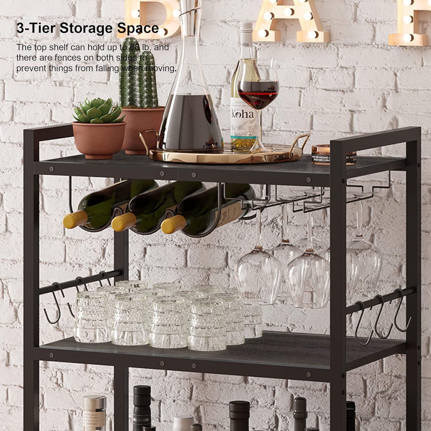 Black Metal Rolling Bar Cart with Wine Rack and Glass Holder