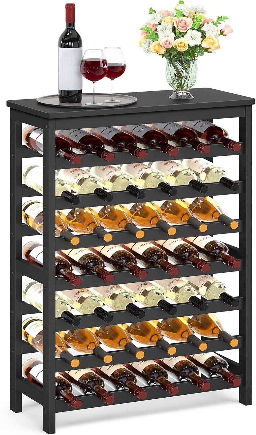 SONGMICS 42-Bottle Wine Rack Free Standing Floor, 7-Tier Display Wine Storage Shelves with Table Top, Bamboo Wobble-Free Bottle Holder, Ink Black