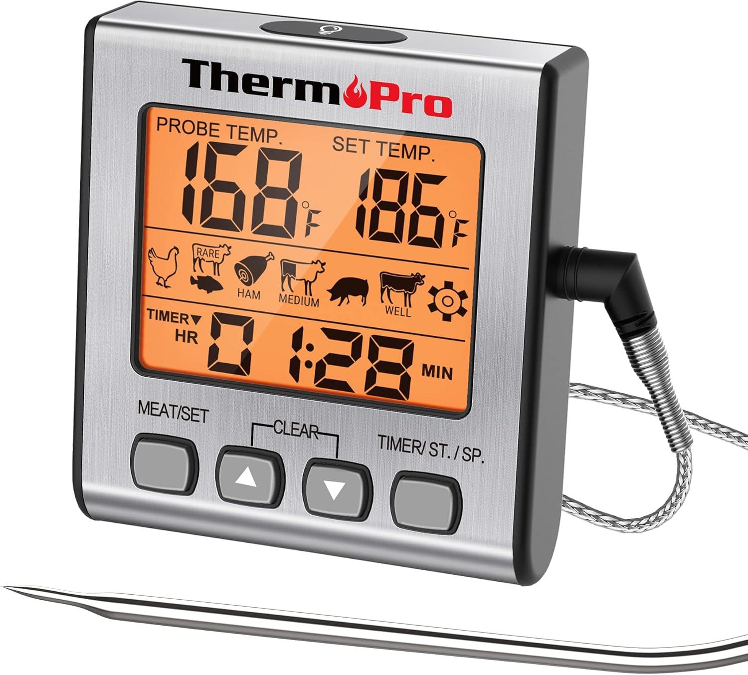 ThermoPro TP16SW Digital Meat Thermometer for Cooking and Grilling, BBQ Food Thermometer with Backlight and Kitchen Timer, Grill Temperature Probe Thermometer for Smoker, Barbecue, Oven, Cookware