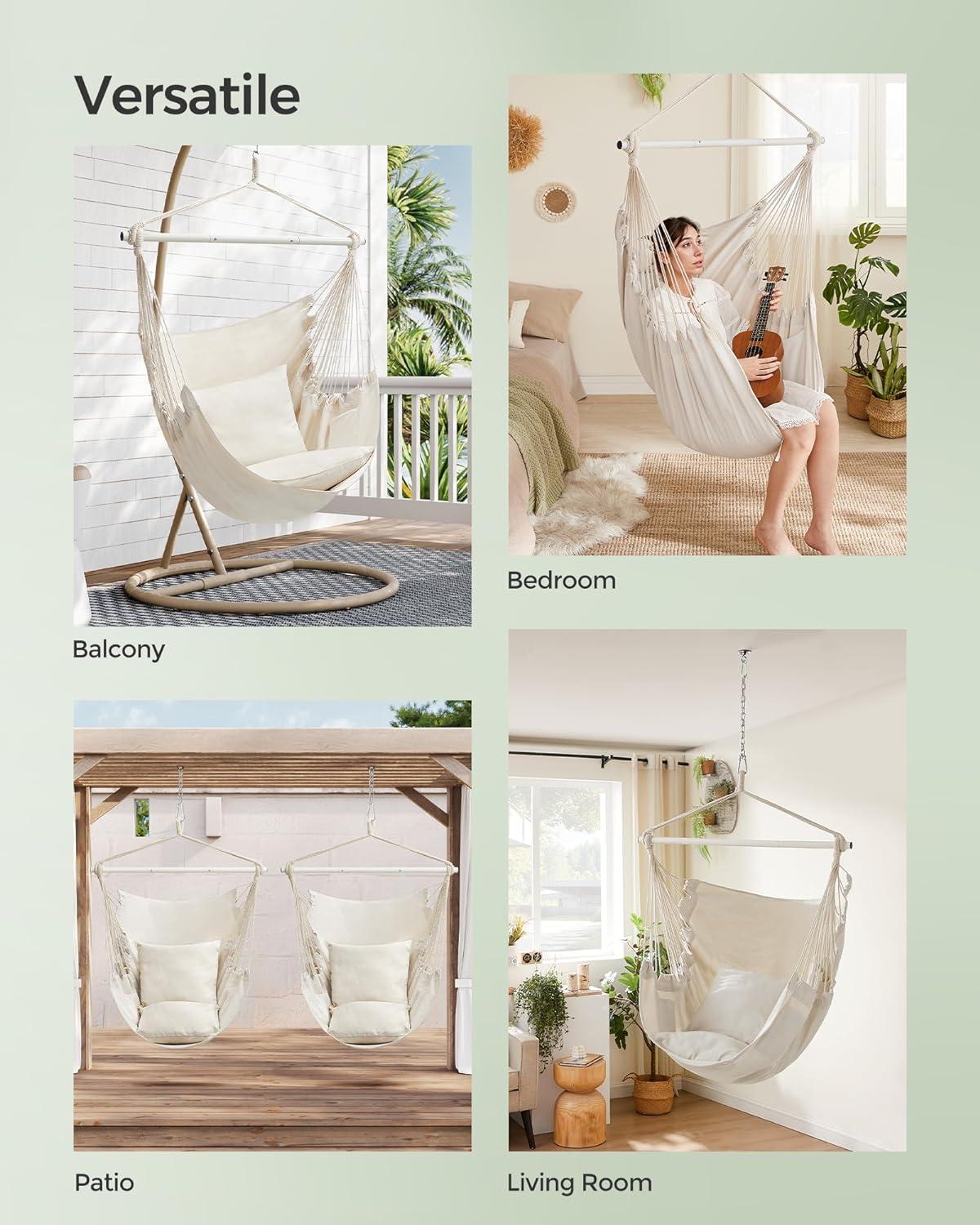 SONGMICS Hammock Chair, Load Capacity 500 lb, Hanging Chair with 2 Cushions, Large Hammock Swing with Chain and Pocket, for Indoor, Outdoor, Living Room, Bedroom, Cream White UGDC197M01