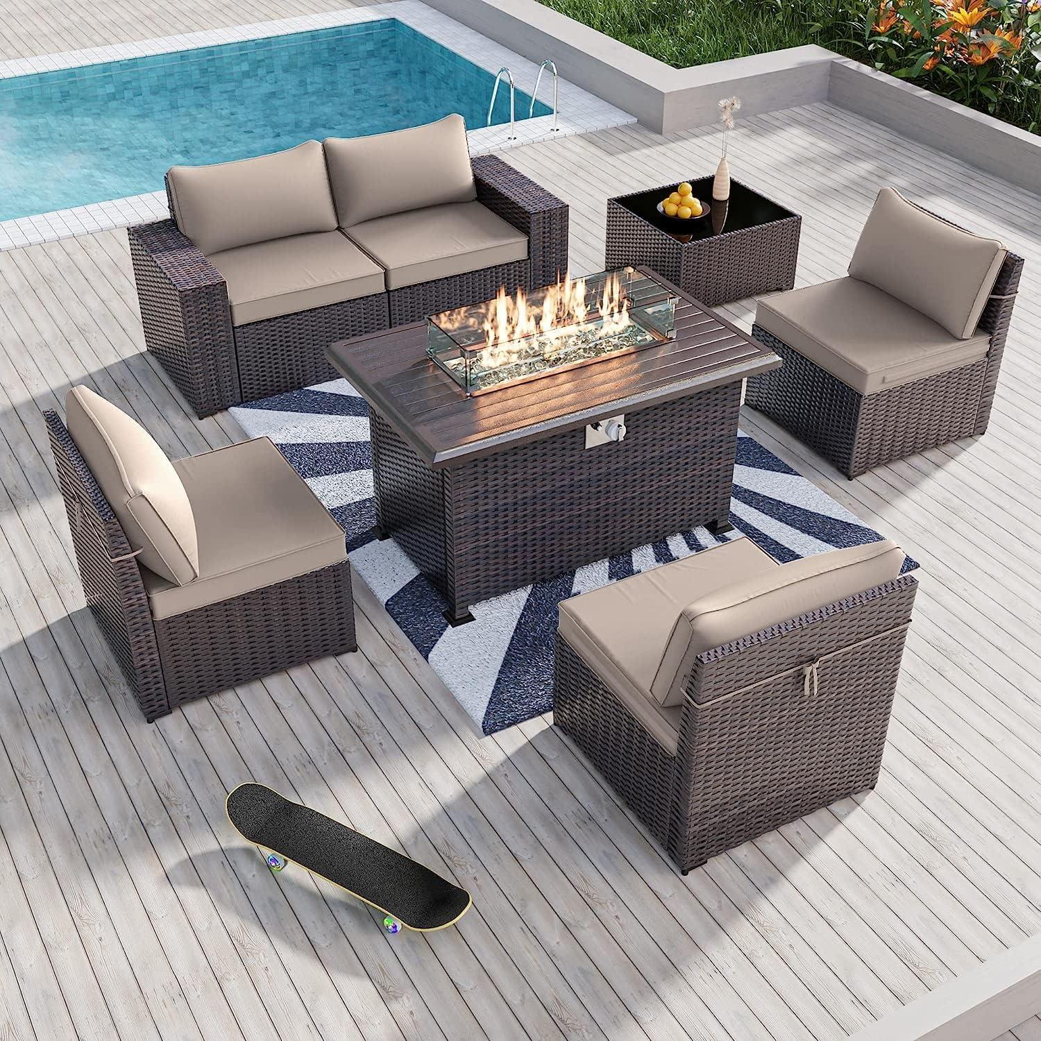 7-Piece Brown Wicker Patio Set with Sand Cushions and Fire Pit