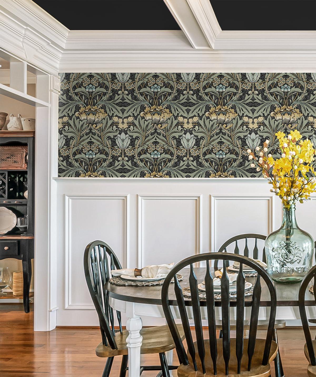 Seabrook Designs  Acanthus Floral Prepasted Wallpaper 20.5 in. W x 33 ft. L - Charcoal & Goldenrod