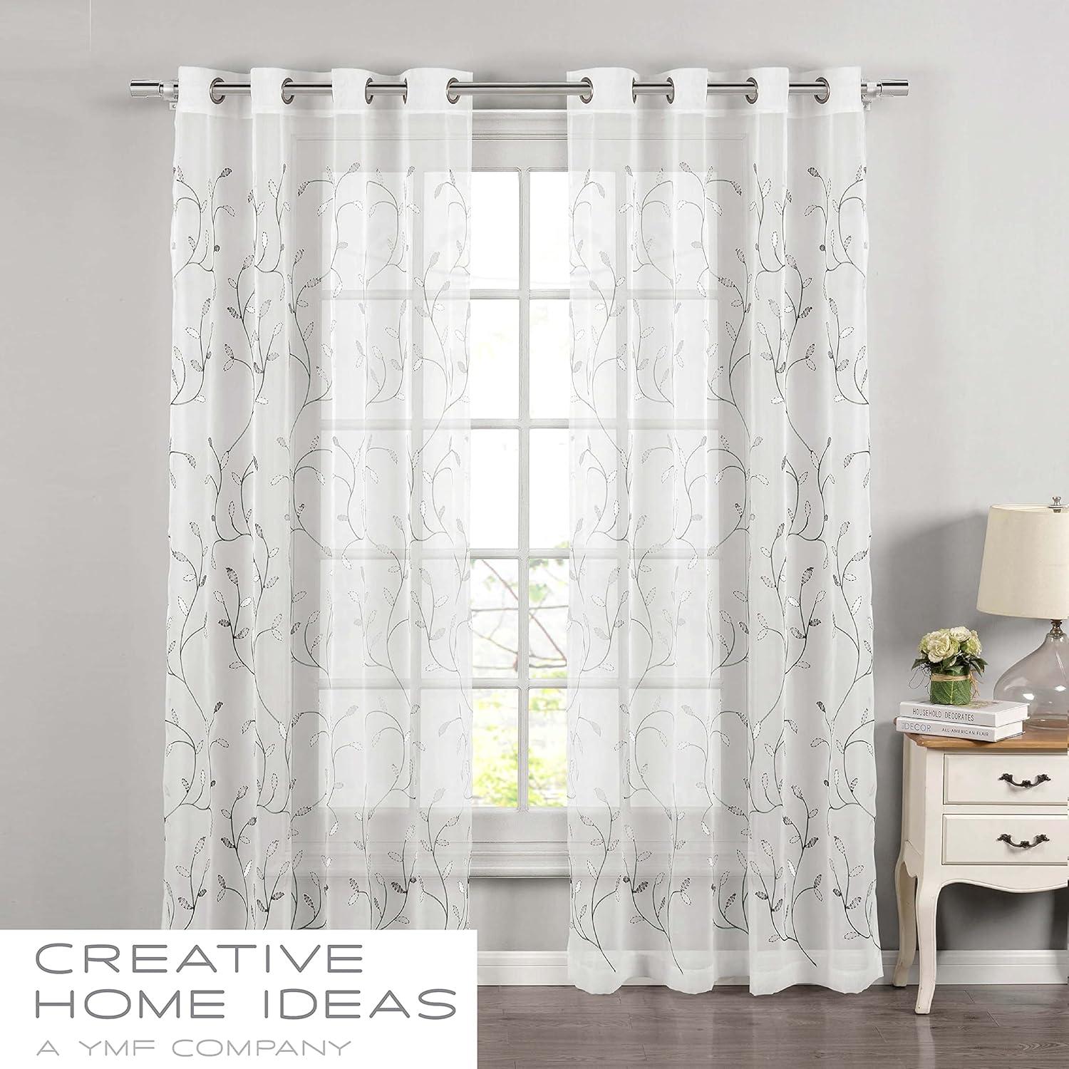 Grommet Curtain Panel, Embroidered Sheer Extra-Wide, Silver 54" x 84"