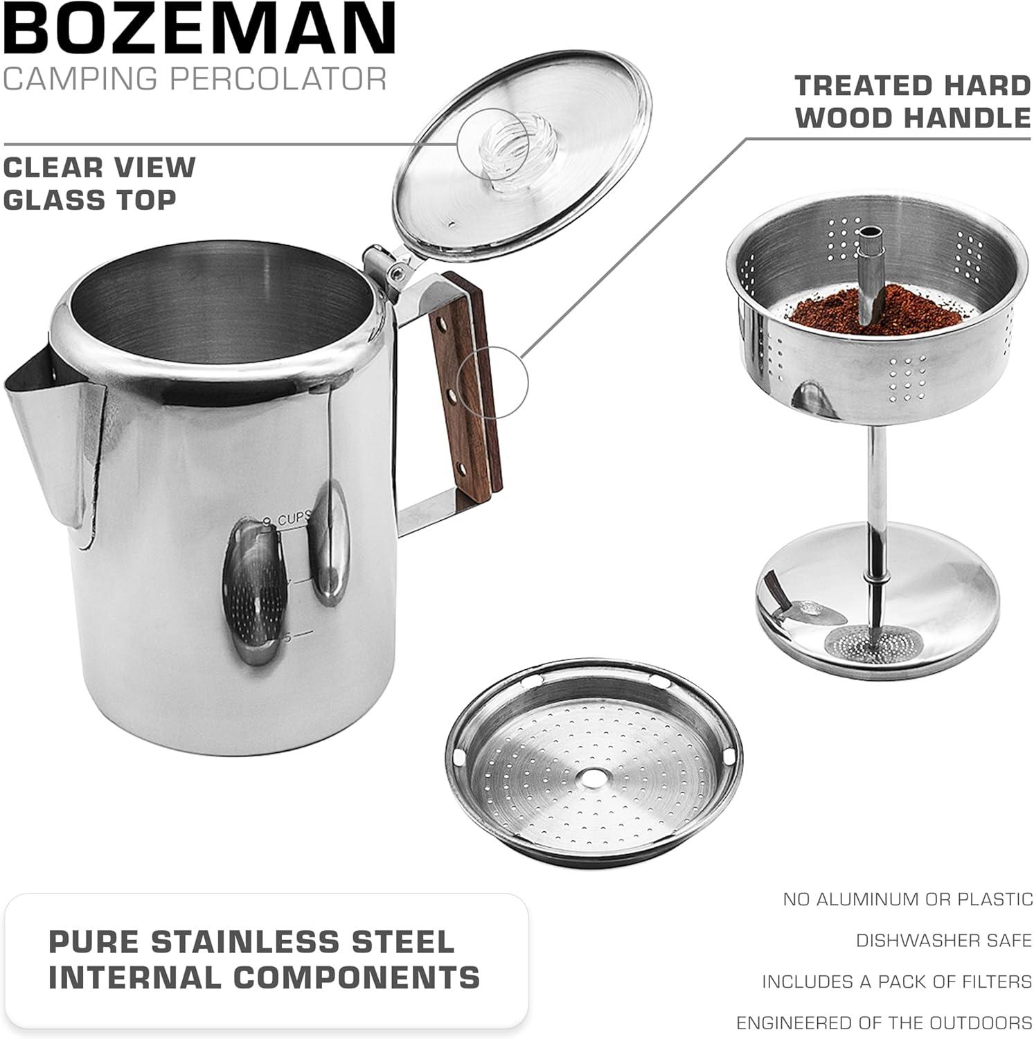 Stack man Bozeman Percolator Coffee Pot ,Stainless Steel Stovetop Percolator Coffee Maker – Durable, Flavorful, And Adventure-Ready — NO Aluminum Or Plastic [9 Cup]