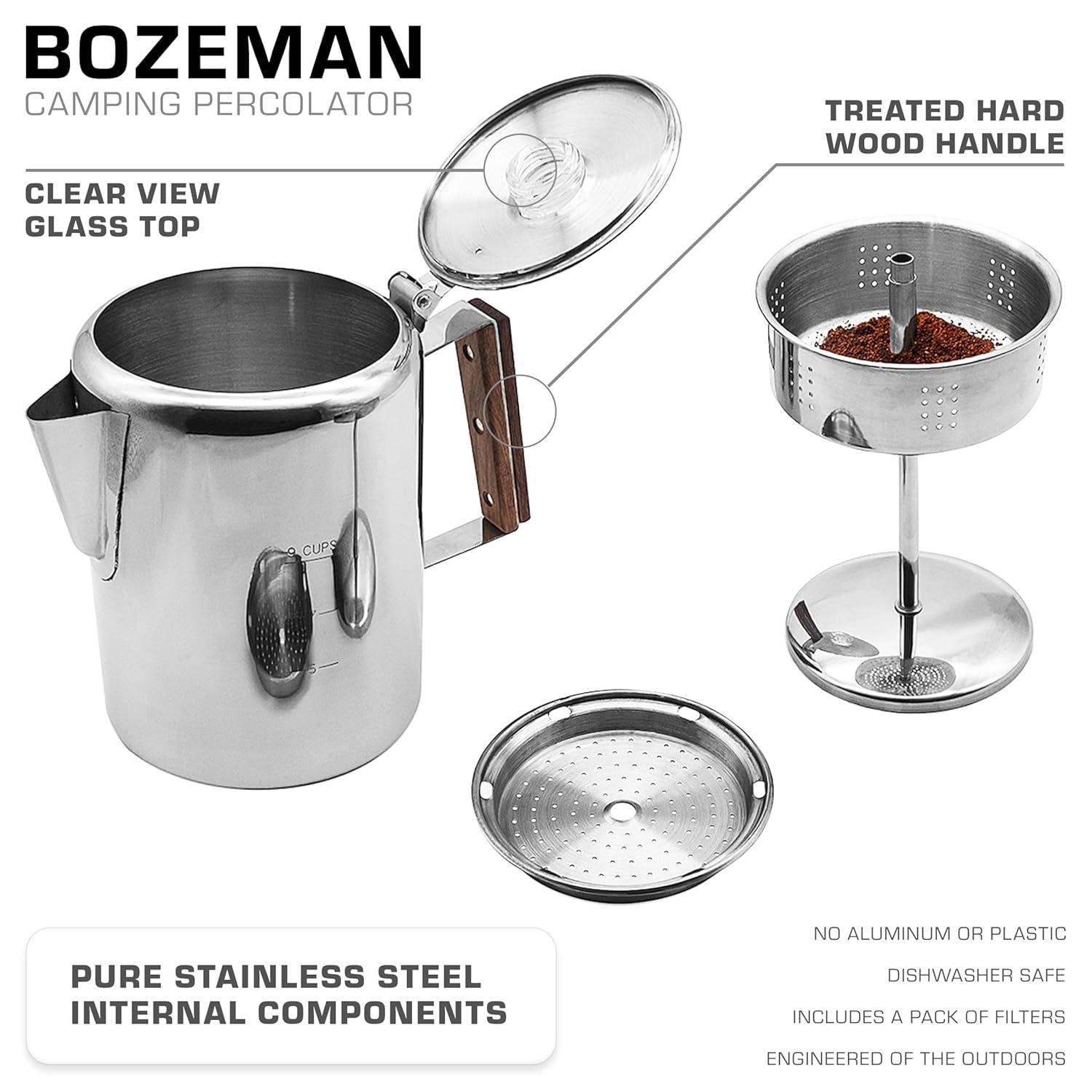 Stack man Bozeman Percolator Coffee Pot ,Stainless Steel Stovetop Percolator Coffee Maker – Durable, Flavorful, And Adventure-Ready — NO Aluminum Or Plastic [9 Cup]