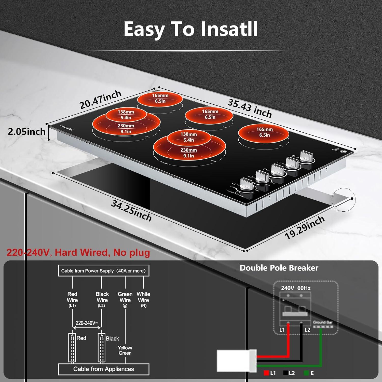 AMZCHEF 36" Black Ceramic 5-Burner Electric Cooktop