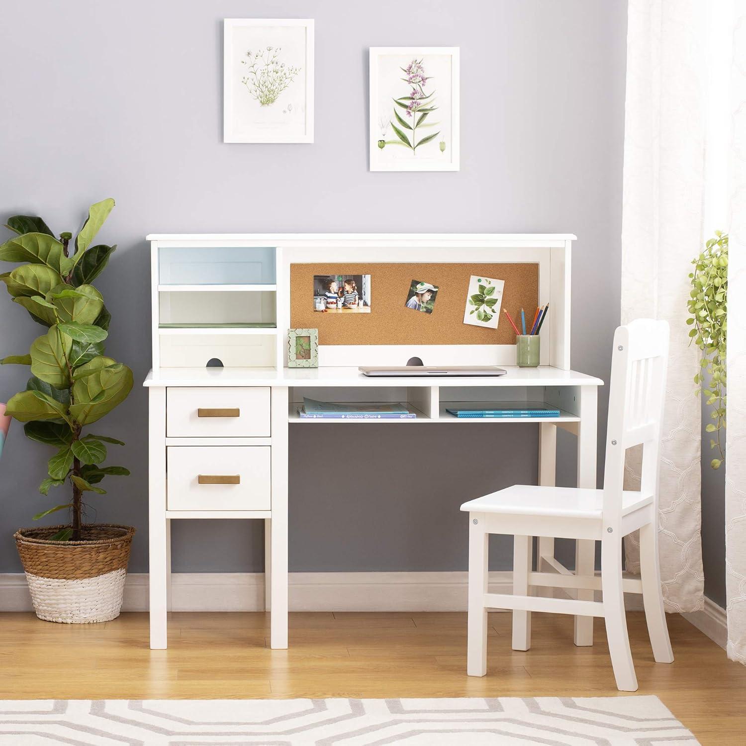 Guidecraft Taiga Kids Desk and Chair Set with Hutch - White: Kids Wood Desk with Drawers, Storage Shelf, and Corkboard | Study Table for Kids Bedroom