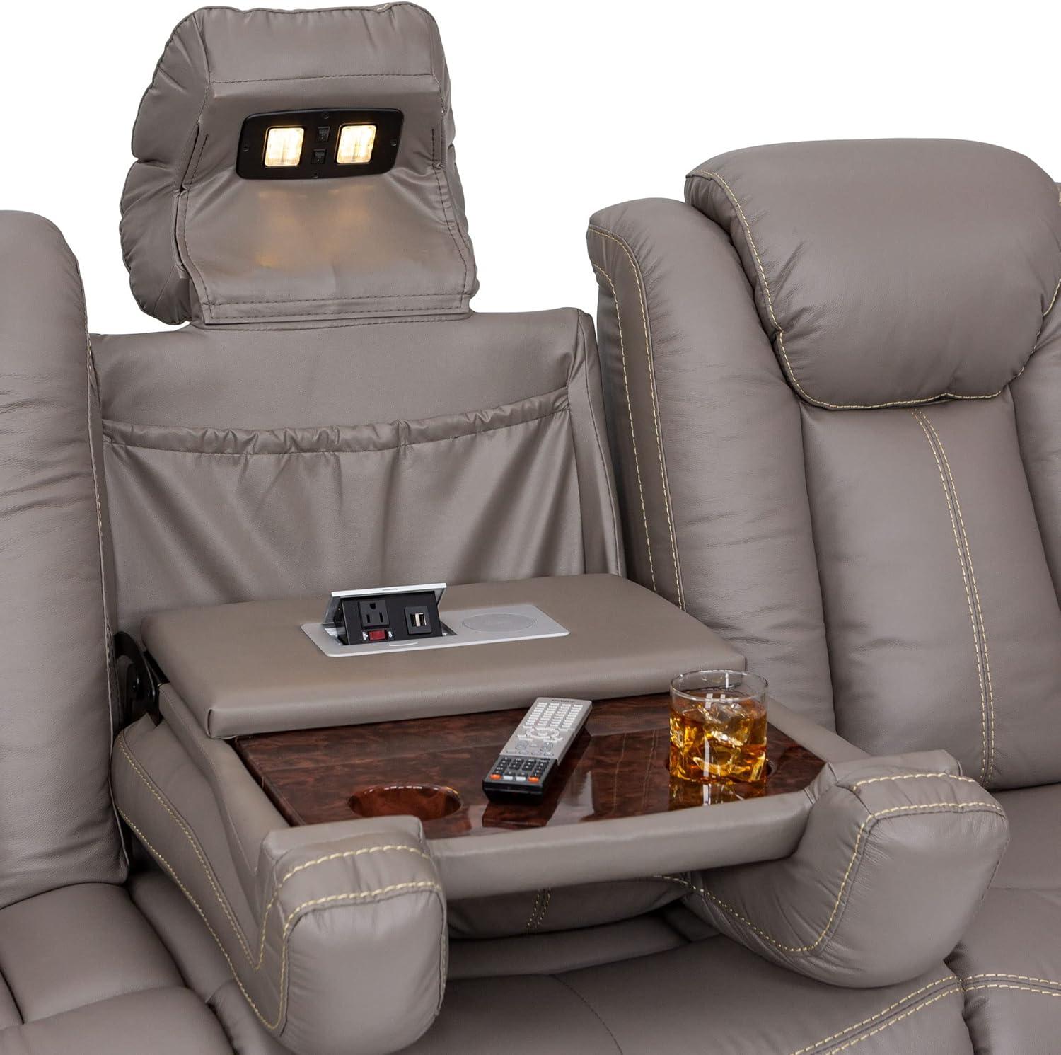 Seatcraft Republic Italian Leather Home Theater Furniture, Living Room, Power Headrest, Power Recline (Sofa with Fold-Down Table, Black)