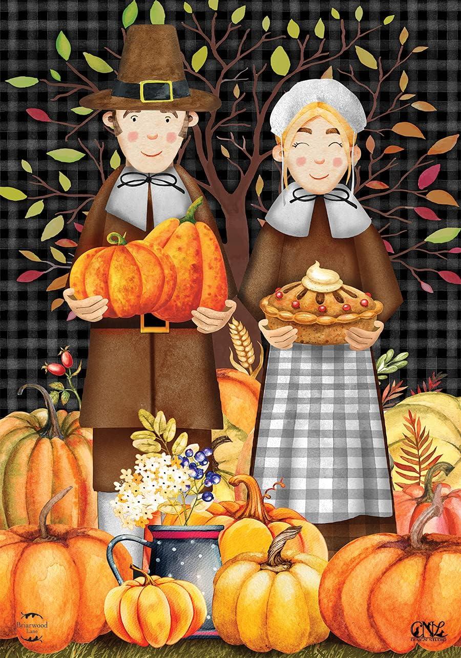 Pilgrims Thanksgiving Garden Flag Pumpkins Pie 18" x 12.5" Briarwood Lane