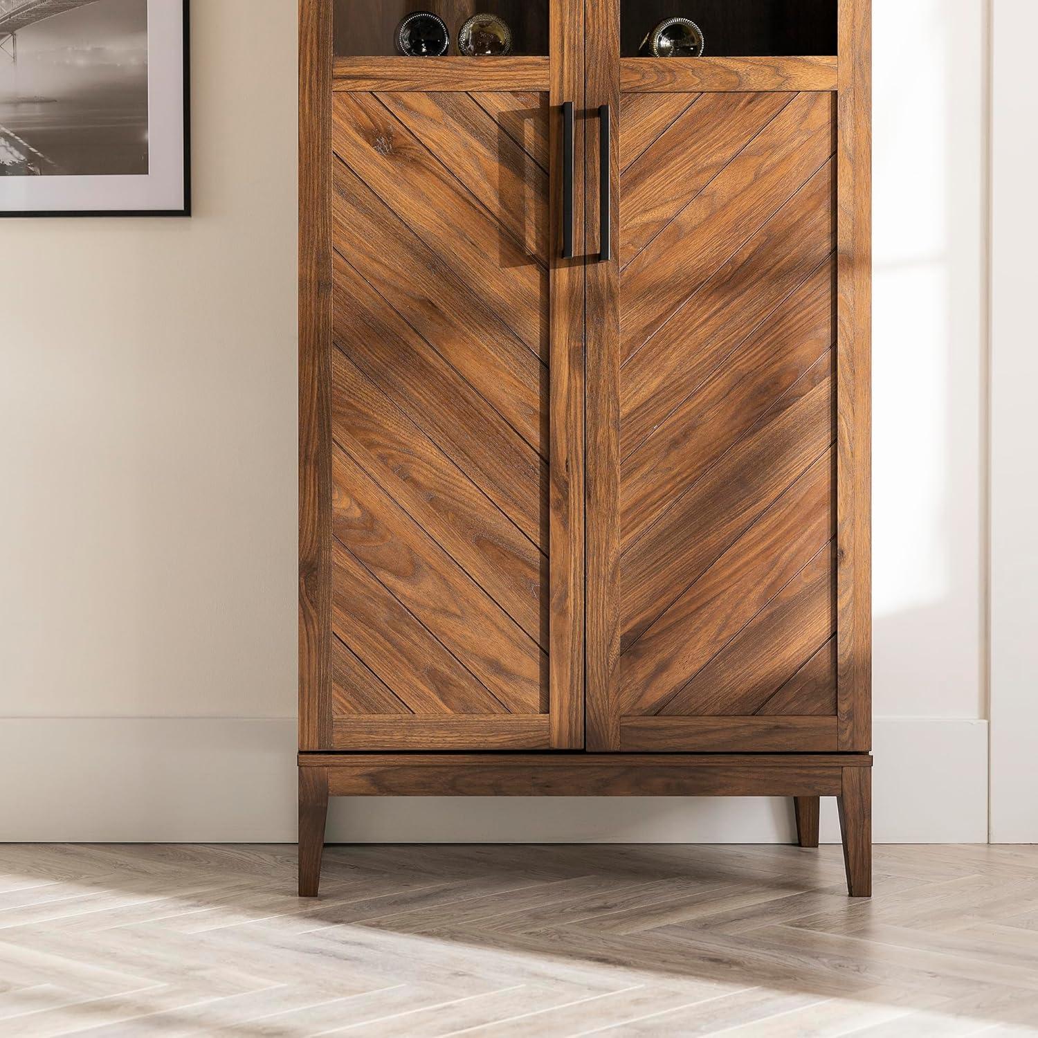 Walker Edison Emma Boho Chevron 2 Door Glass Window Hutch with Bottle Storage, 68 Inch, Dark Walnut