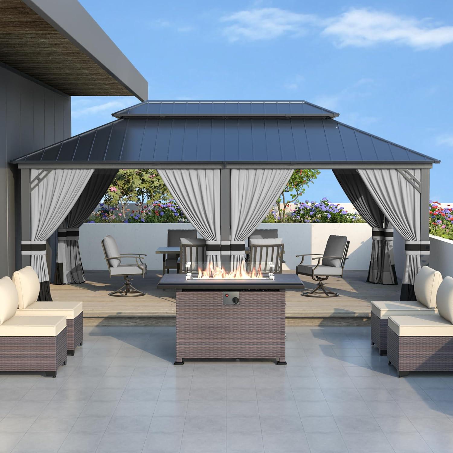 Aoxun 12x20 Hardtop Gazebo, Outdoor Galvanized Steel Double Roof Canopy with Netting and Curtains for Garden, Patio, Lawns, Gray