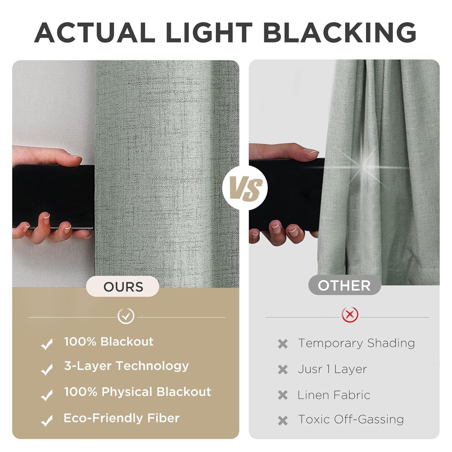 COSVIYA 100% Blackout Sage Green Linen Curtains & Drapes 84 Inch Length 2 Panels Set, Full Room Darkening Grommet Insulated Thermal Window Panels for Bedroom/Living Room,52x84 inches