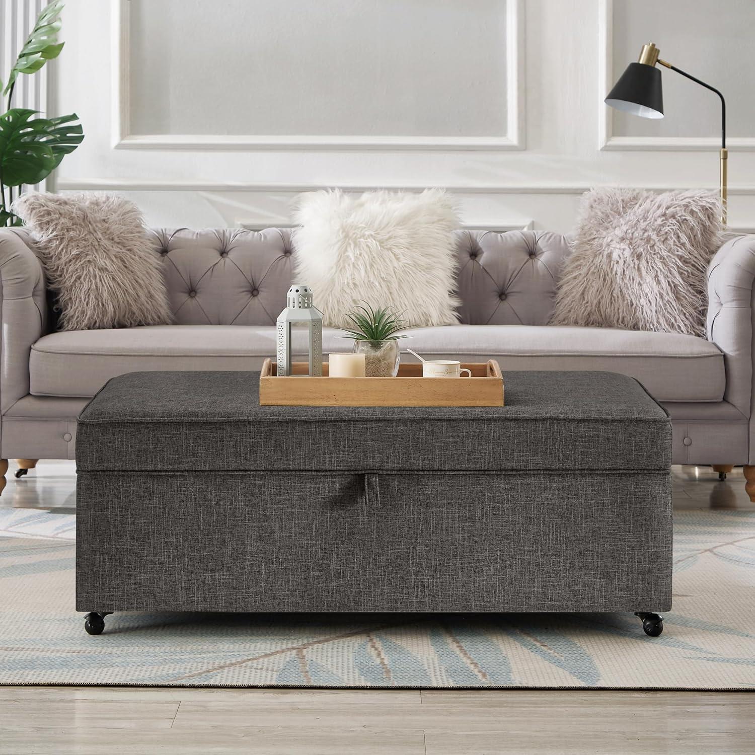 Dark Gray Faux Leather Storage Ottoman Bench with Wheels