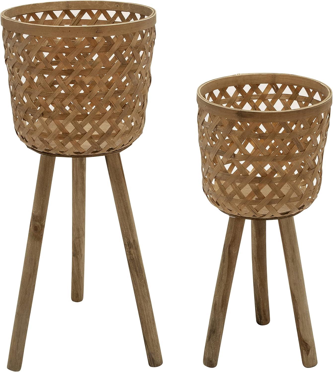 Rustic Bamboo Indoor/Outdoor Planter Stands, Natural Brown, Set of 2