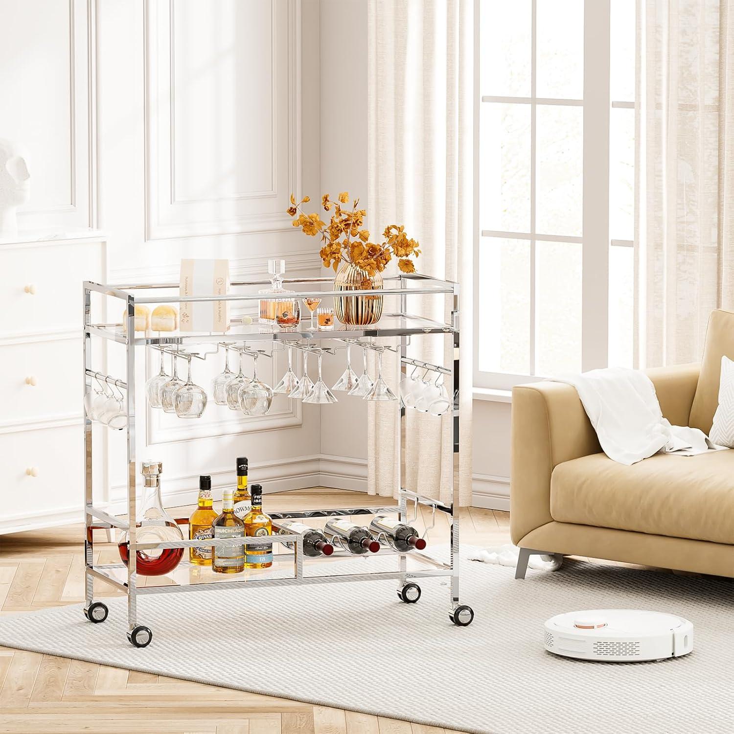 Bar Cart, Bar Serving Cart with Wheels, 2 Tier Bar Carts for The Home Kitchen Dining Room with Wine Rack and Glass Holder (Gold)