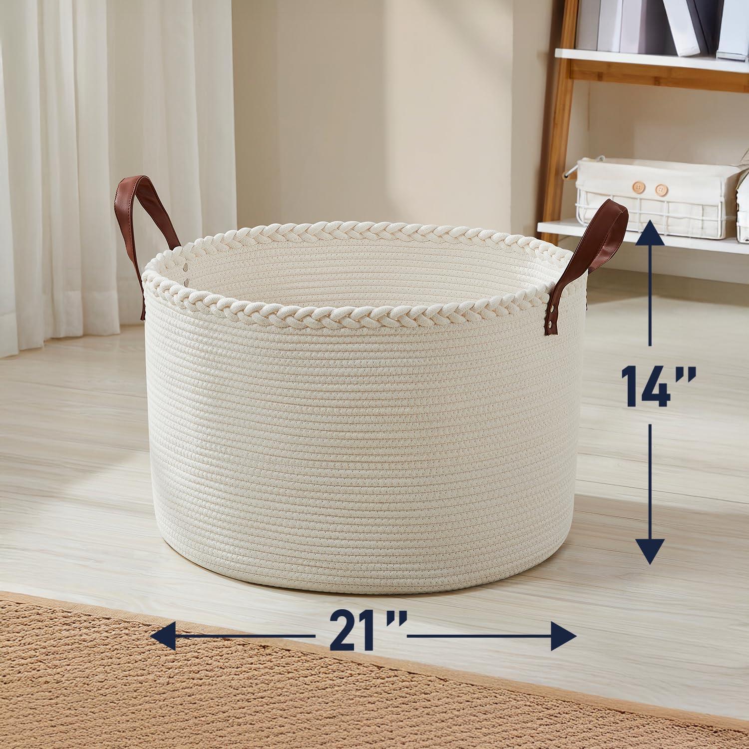 XLarge Round Cotton Rope Storage Basket Bin Organizer Laundry Hamper with Leather Handles, 21 x 21 x 14, Extra Large Blanket Woven Toy Basket for Baby Nursery - Cream