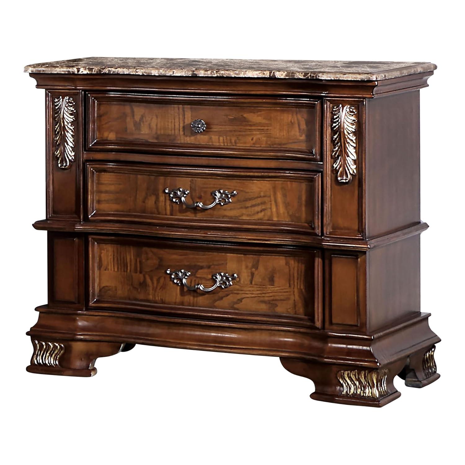 Florence Brown Cherry 3-Drawer Nightstand with Genuine Marble Top