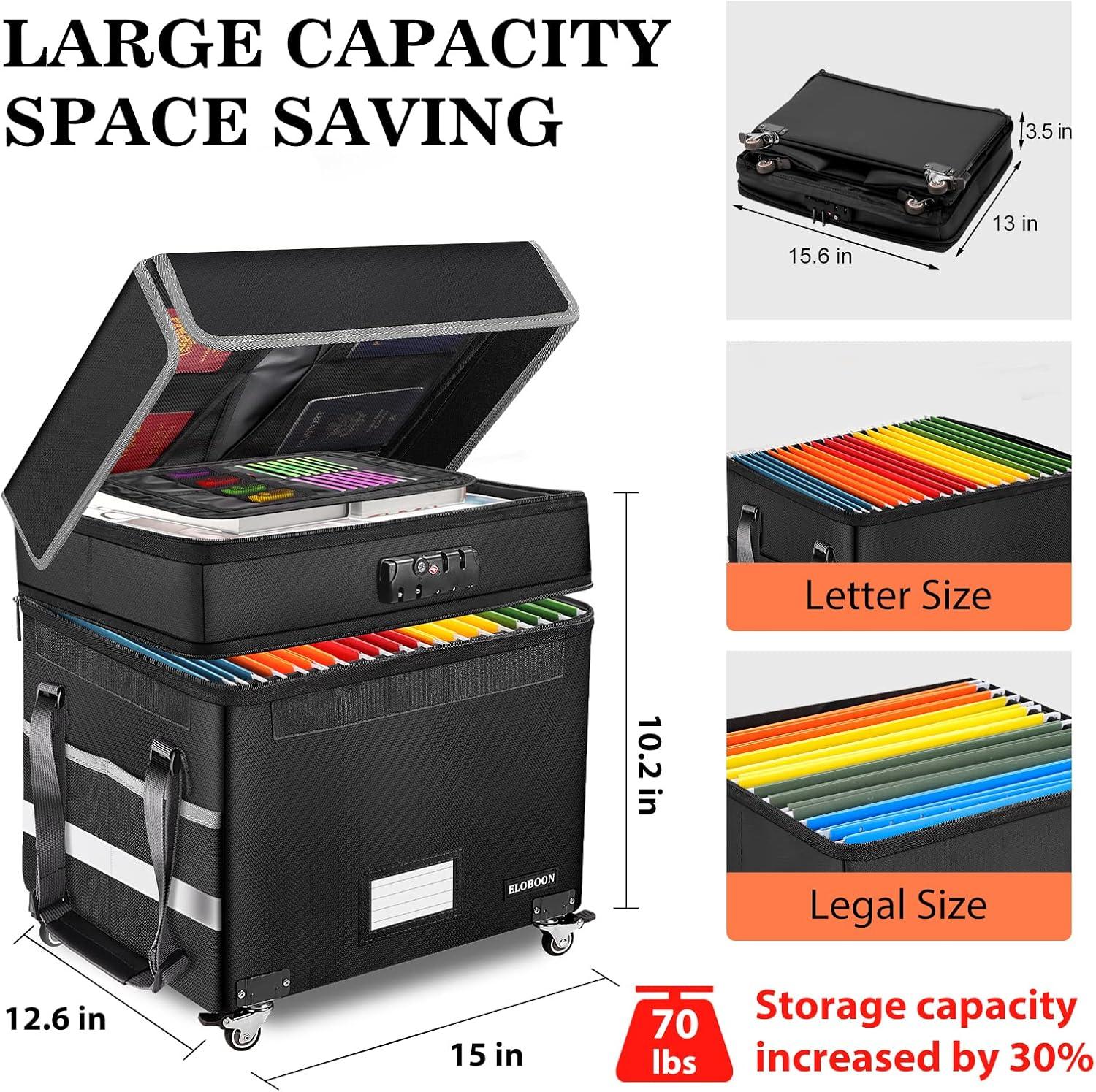 Collapsible File Organizer Box with Lock, Fireproof Document Box on Wheels, Rolling File Cabinet for Hanging Letter/Legal Folders, Black