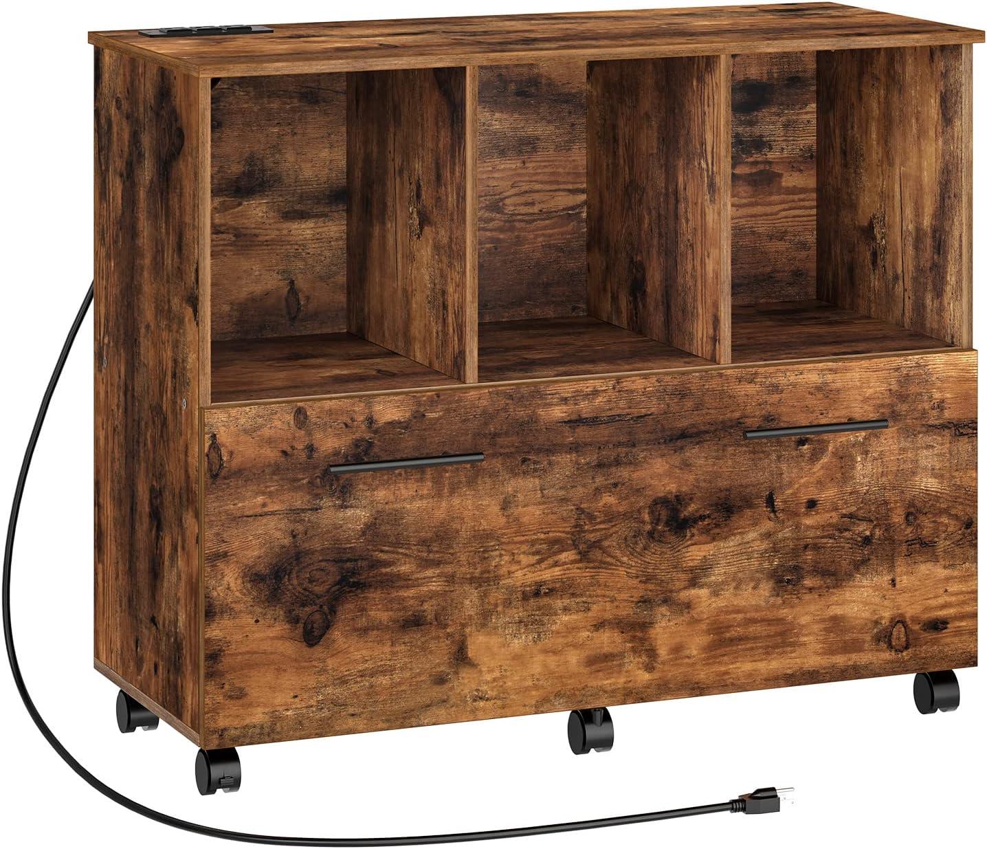 Rustic Brown Mobile Wooden File Cabinet with Charging Station