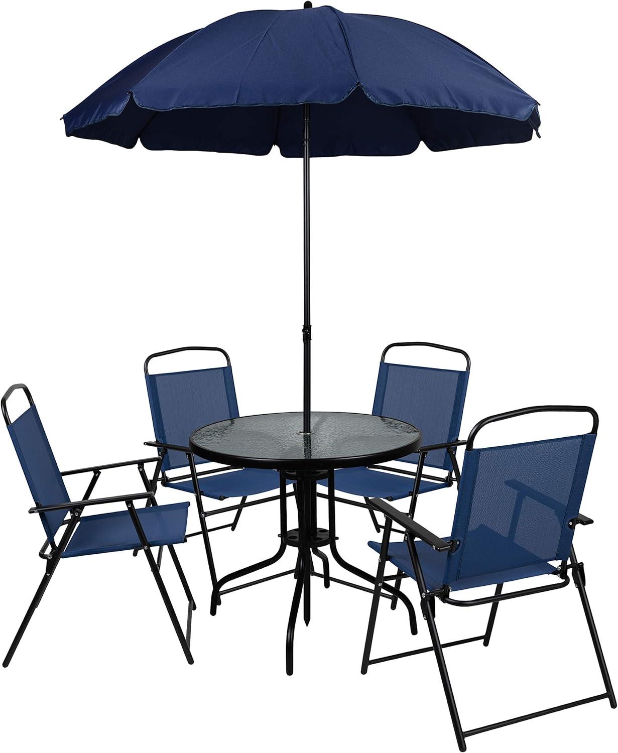 Emma and Oliver 6 Piece Navy Patio Garden Set with Umbrella Table and Set of 4 Folding Chairs