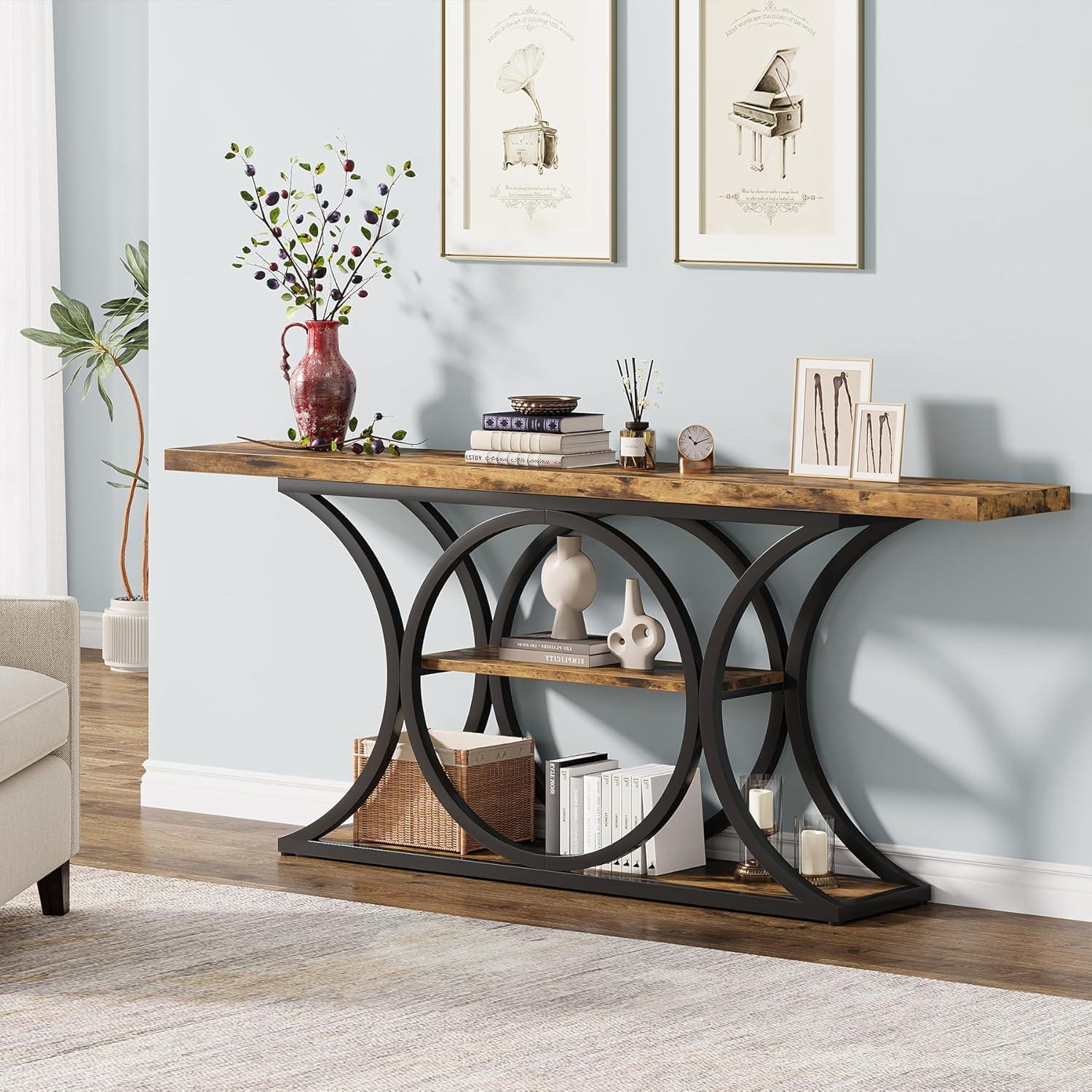 63 Inch Rustic Brown and Black Wood Metal Console Table with Storage