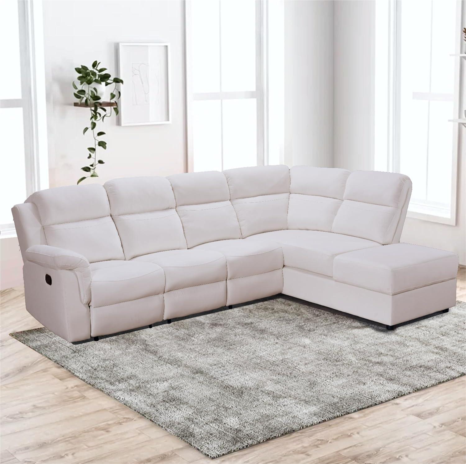 Beige Recliner Sectional Sofa with Ottoman and Cup Holder