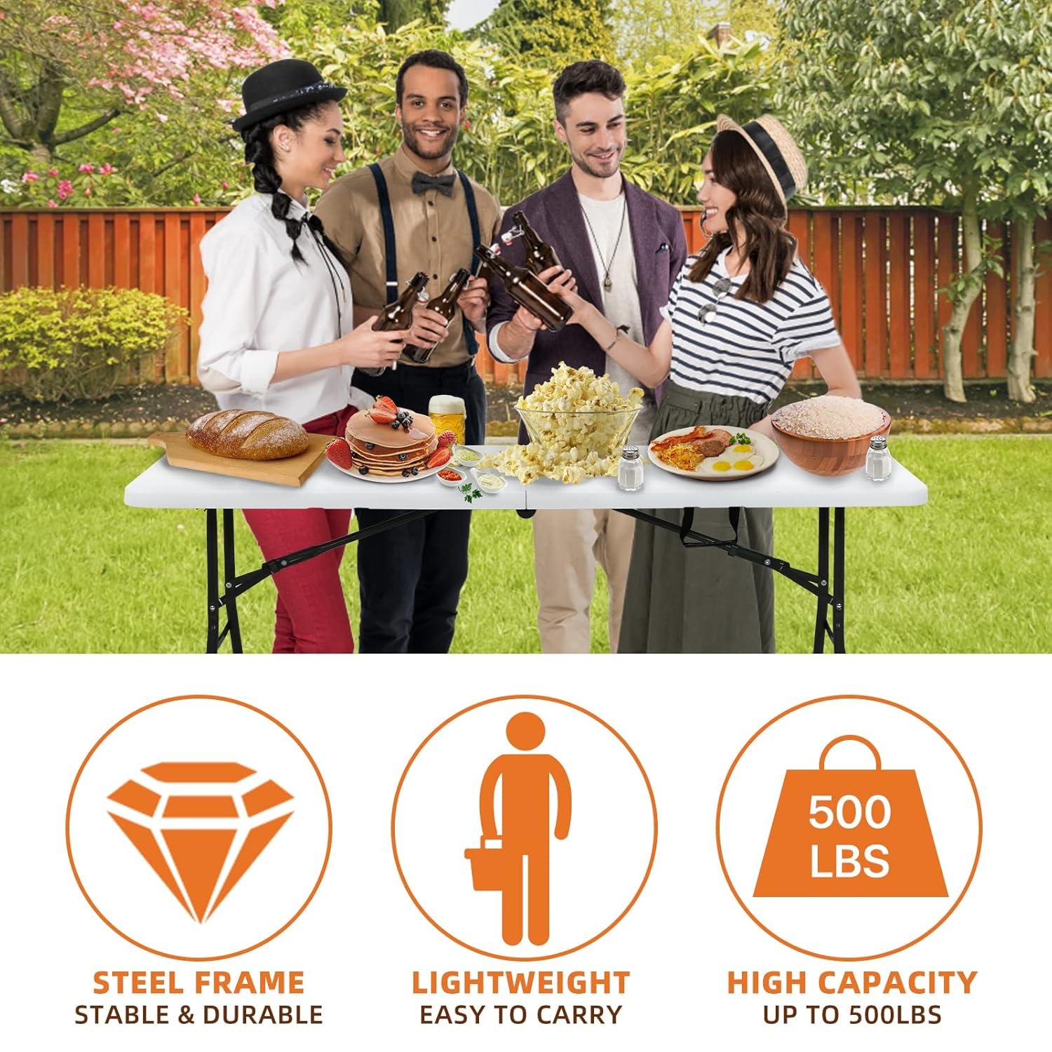 Plainsity Mesa Plegable de Plástico de 6 Pies - Mesa de Comedor Portátil, Plegable y Resistente para Fiestas, Bodas, BBQ, Camping, Eventos en el Patio Trasero - Mesa Utilitaria para Interiores/exteriores con Asa de Transporte Blanca