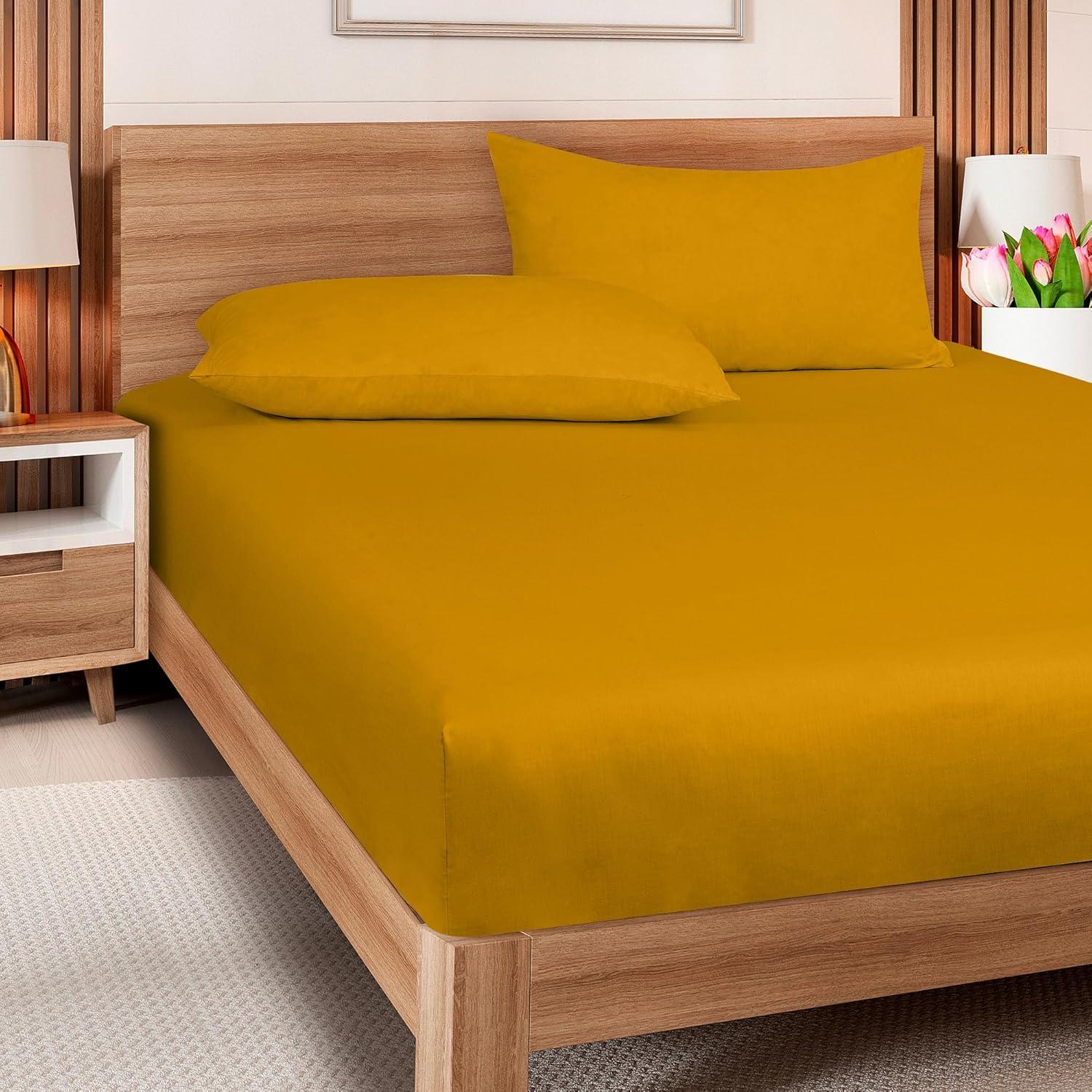 Royale Linen 300 Thread Count 100% Long Staple Combed Cotton Fitted Sheet - Super Soft Deep Pocket Bottom Sheet - Yellow Fitted Sheet Twin Size - Twin Fitted Sheet Only - Elastic Sheet (Twin, Yellow)