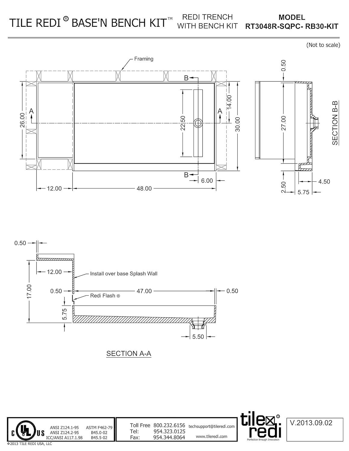 Tile Redi Rt4248r-Sq-Rb42-Kit Base'n Bench 42" X 60" Rectangular Shower Base - Chrome