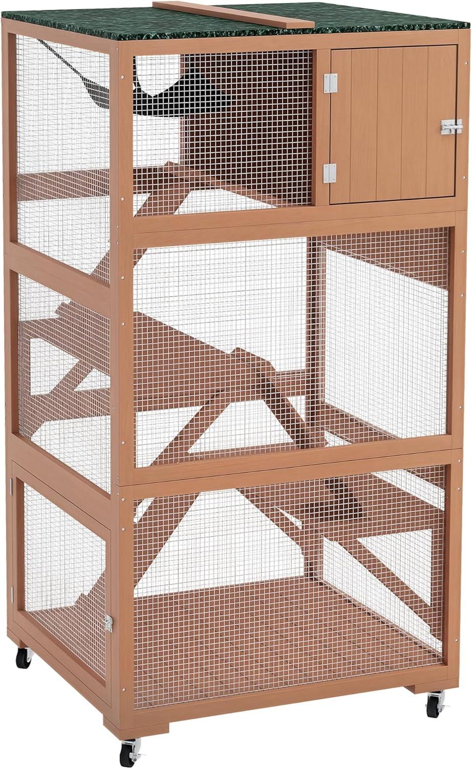 PawHut Catio, Outdoor Cat Enclosure House, Wooden Feral Cat Shelter on Wheels with Hammock, Platforms Ramps, and Waterproof Roof, 34", Orange