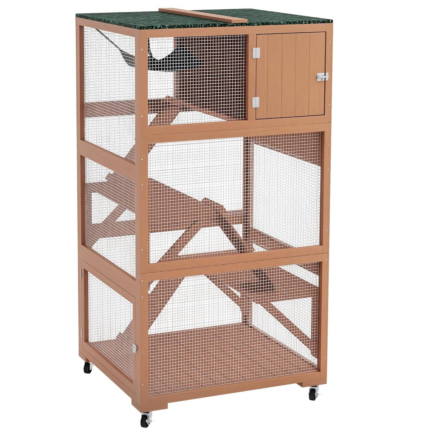 PawHut Catio, Outdoor Cat Enclosure House, Wooden Feral Cat Shelter on Wheels with Hammock, Platforms Ramps, and Waterproof Roof, 34", Orange