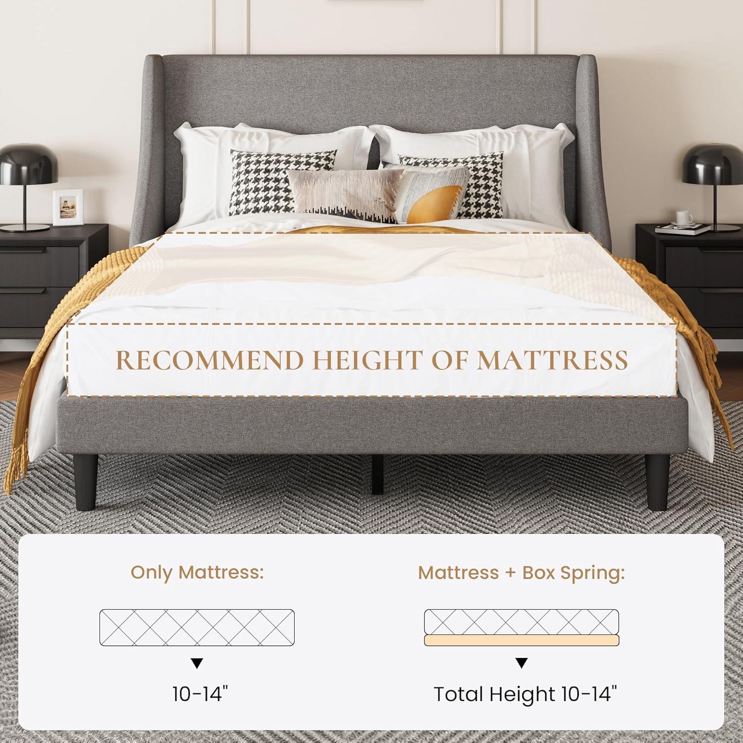 SHA CERLIN Platform Bed Frame Queen Size with Upholstered Headboard – Sleek Wingback Design, Reinforced Wood Slat Support, Light Grey