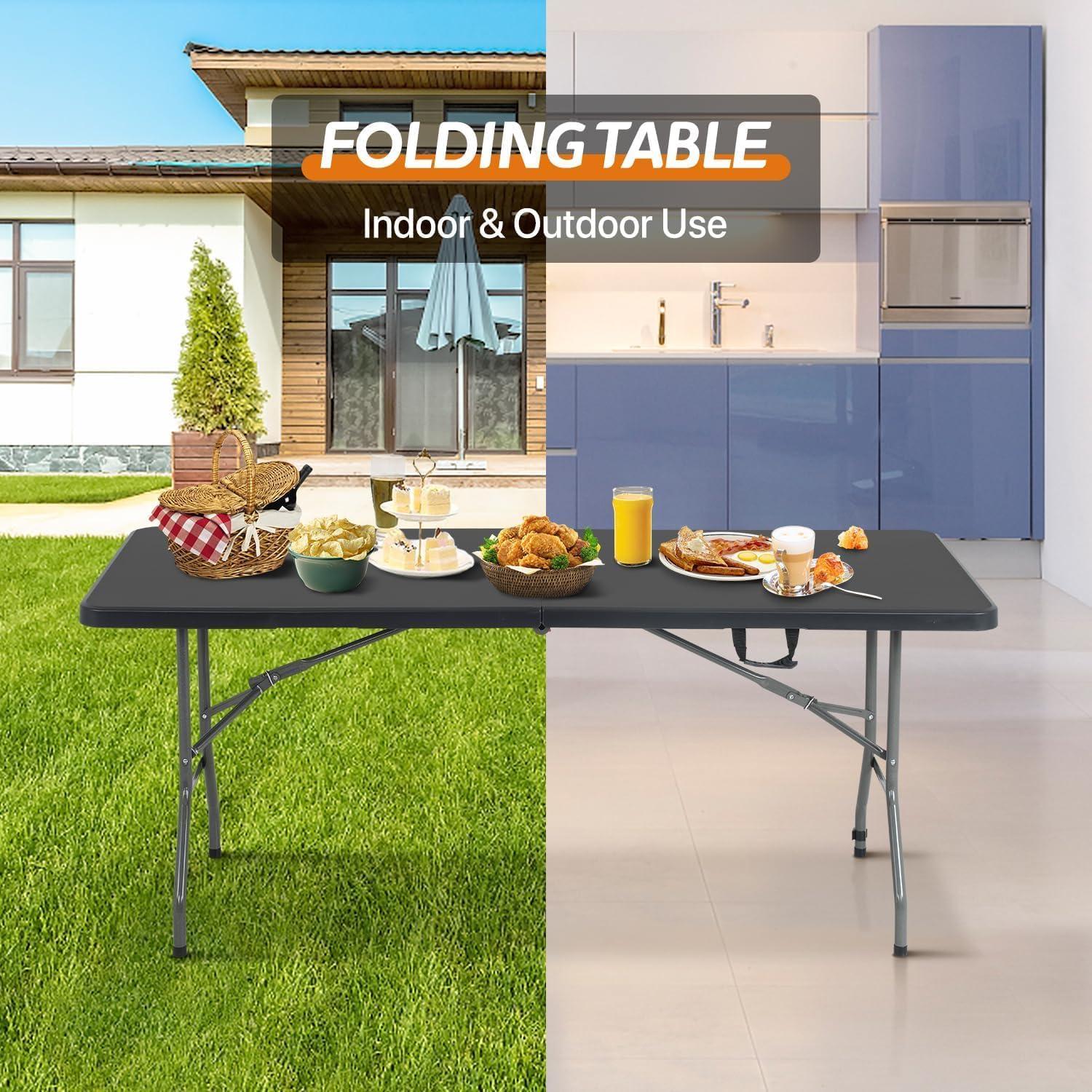 Folding Table 6 Foot,  Heavy-Duty, Portable Plastic Construction with Carrying Handle – Perfect for Picnics, Parties, and Office Indoor Outdoor Use, White