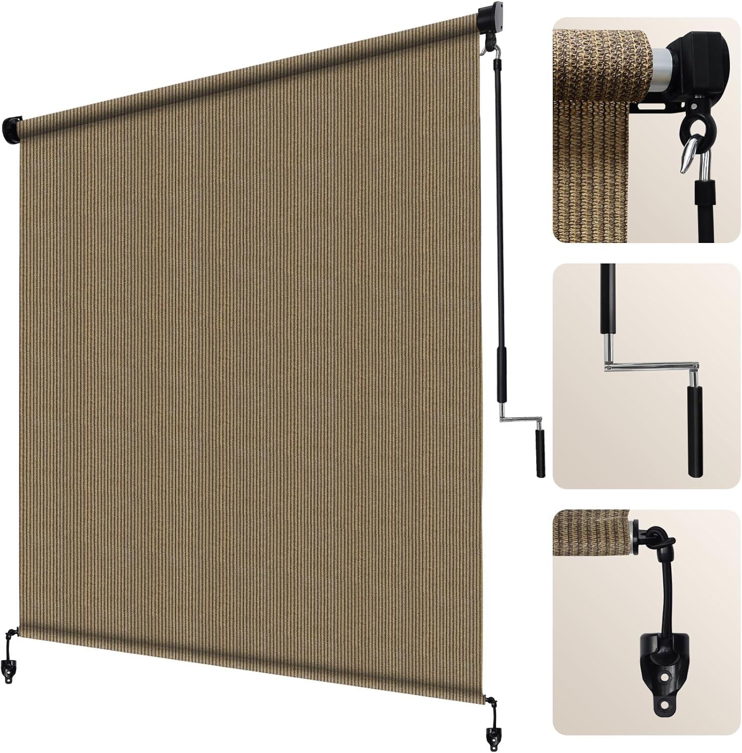 SMONTER Outdoor Sunshade Roller Shade 6'W x 6'H (72" Wx72 H), Exterior Cordless Roll Up Shades Blinds, UV Protection Shade Cloth with Crank Operation for Outside Windows Patio Porch Gazebo, Walnut