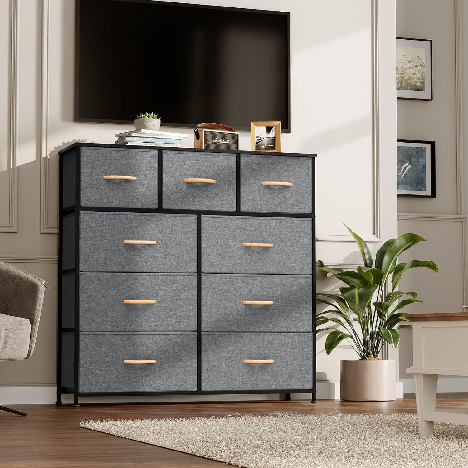 Crestlive Products Home Extra Wide Closet Dresser Storage Tower Organizer Unit 9 Drawers Grey Dark Wood