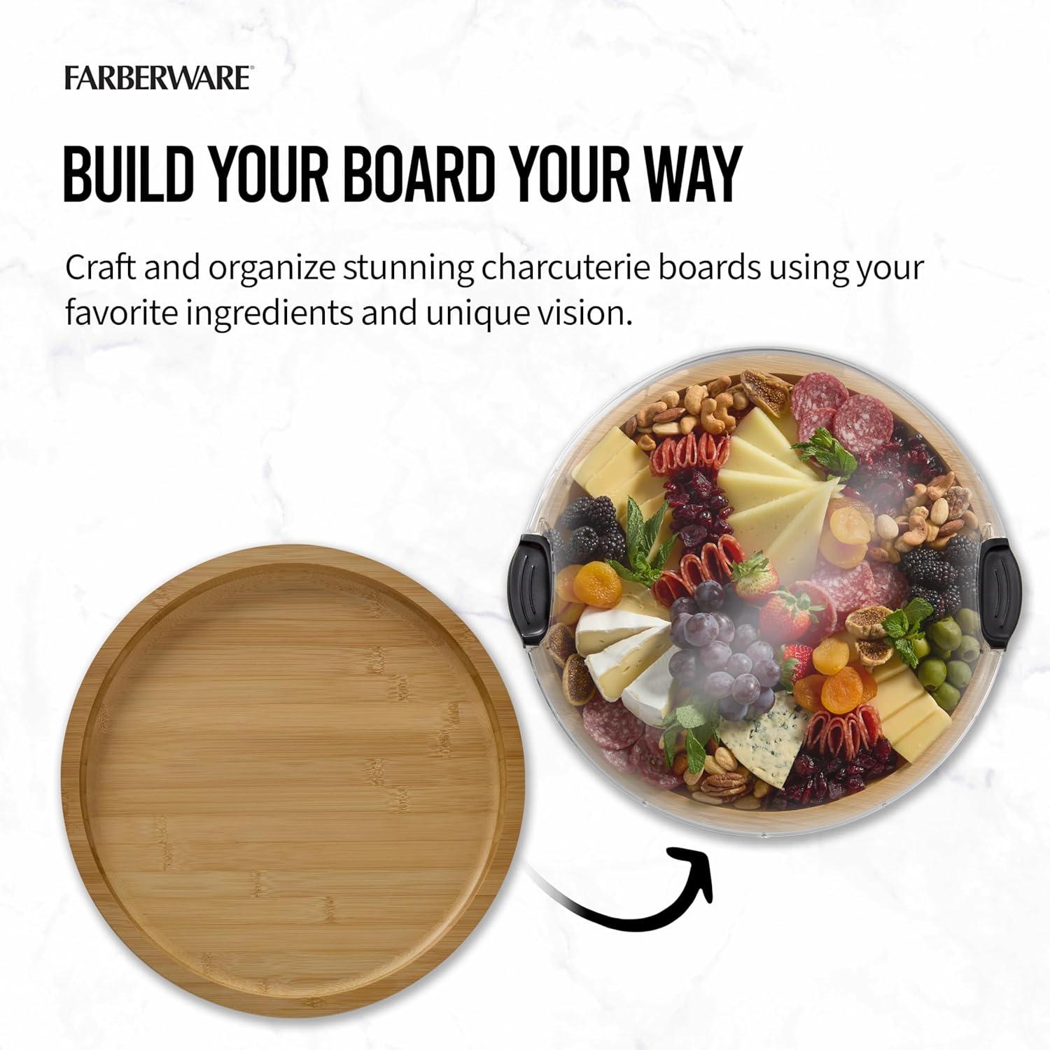 Farberware 14" Round Build-a-Board Charcuterie Bamboo Board with Locking Lid and Black Handle